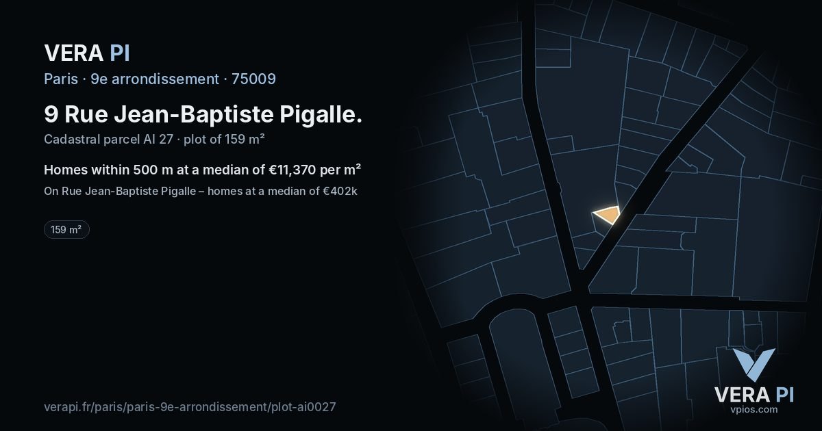 9 Rue Jean-Baptiste Pigalle, 9e arrondissement at night – the plot lit, the parcels around coloured by the prices near them