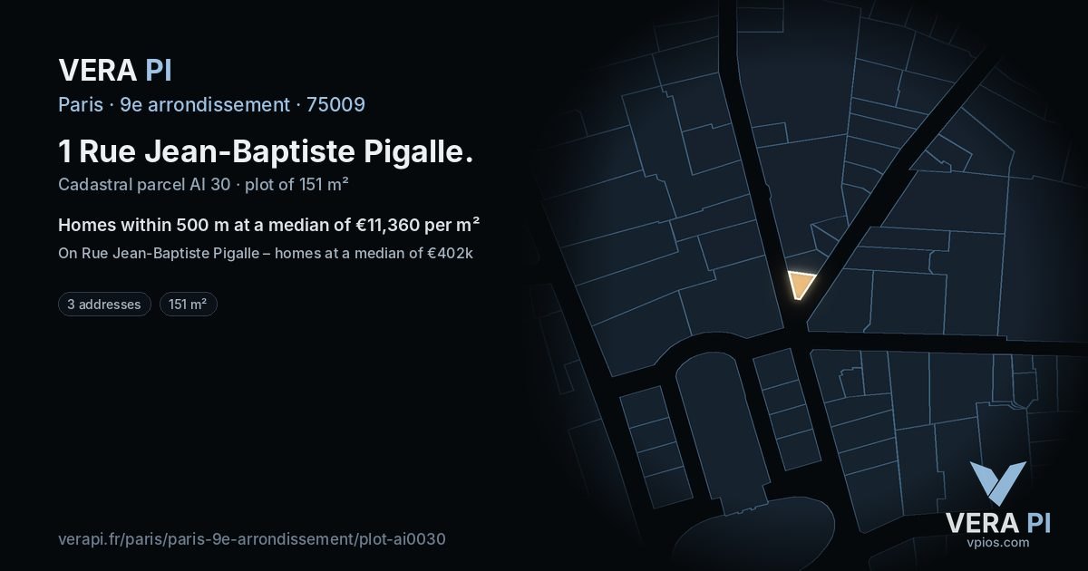 1 Rue Jean-Baptiste Pigalle, 9e arrondissement at night – the plot lit, the parcels around coloured by the prices near them