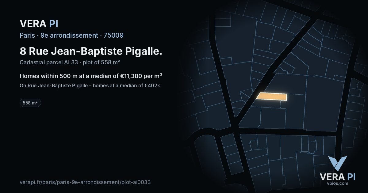 8 Rue Jean-Baptiste Pigalle, 9e arrondissement at night – the plot lit, the parcels around coloured by the prices near them