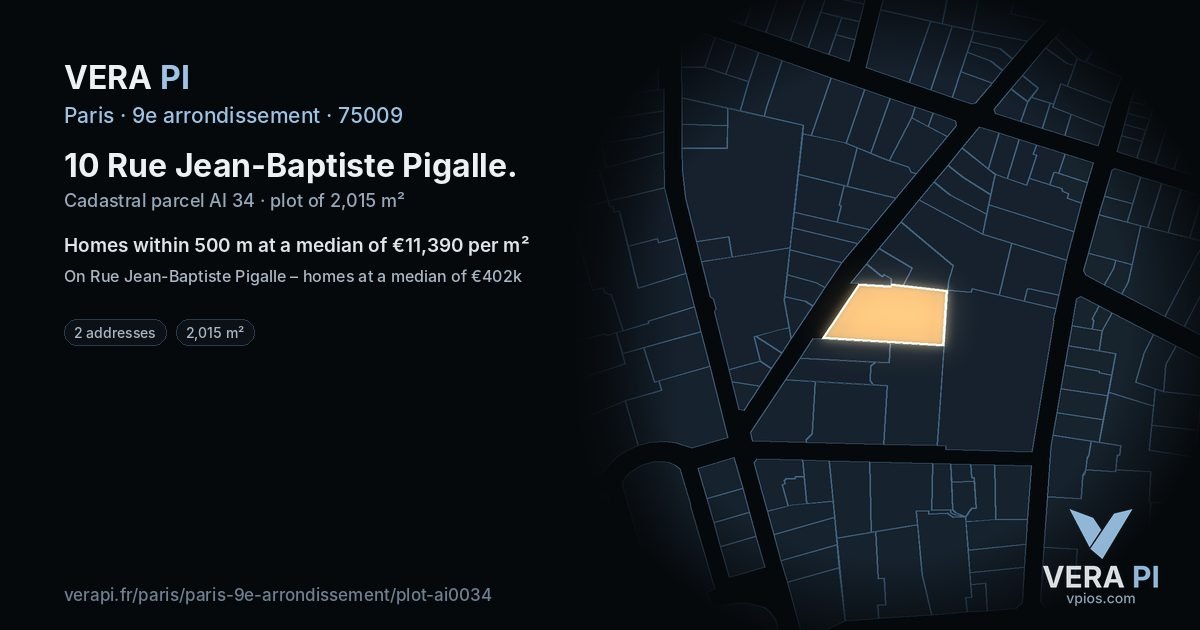 10 Rue Jean-Baptiste Pigalle, 9e arrondissement at night – the plot lit, the parcels around coloured by the prices near them