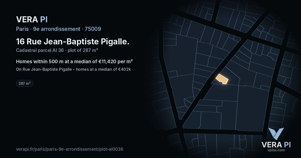 16 Rue Jean-Baptiste Pigalle, 9e arrondissement at night – the plot lit, the parcels around coloured by the prices near them