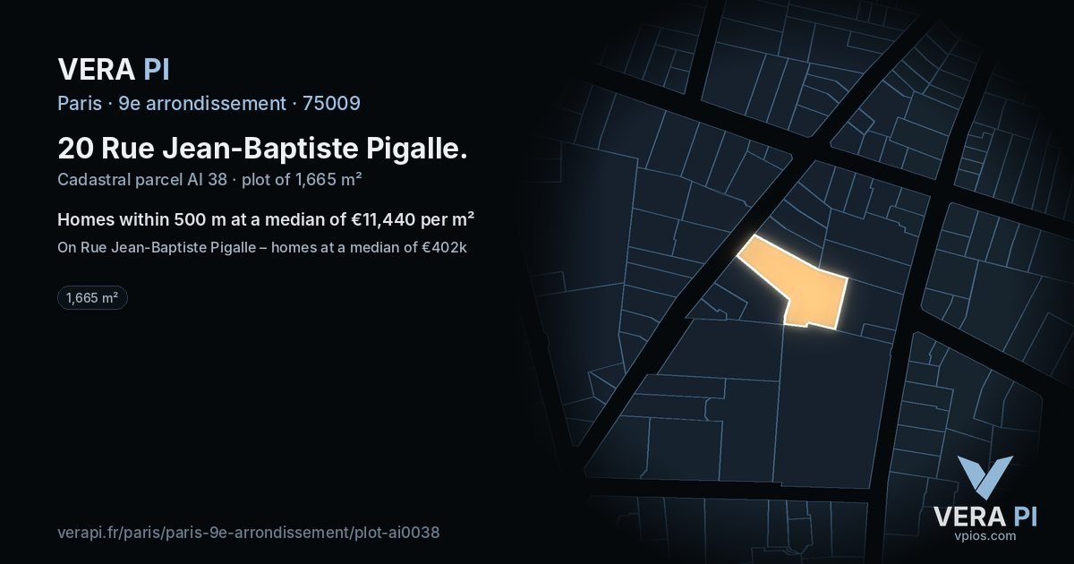 20 Rue Jean-Baptiste Pigalle, 9e arrondissement at night – the plot lit, the parcels around coloured by the prices near them