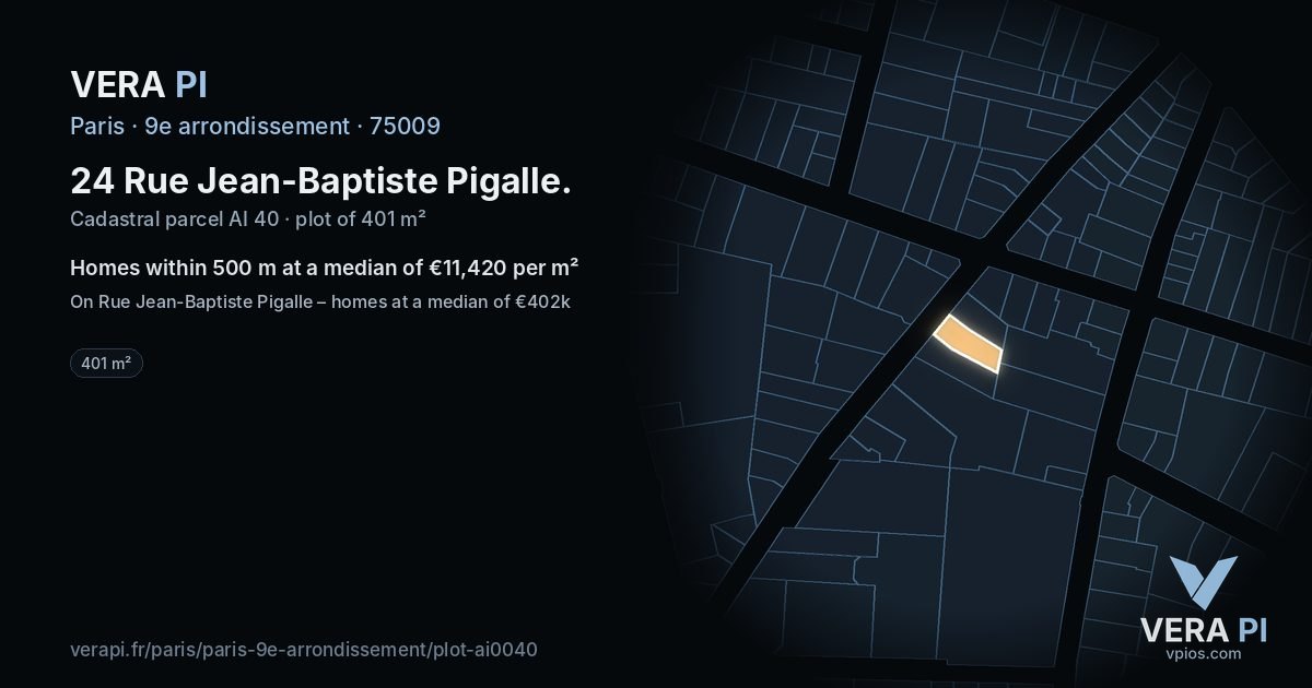 24 Rue Jean-Baptiste Pigalle, 9e arrondissement at night – the plot lit, the parcels around coloured by the prices near them