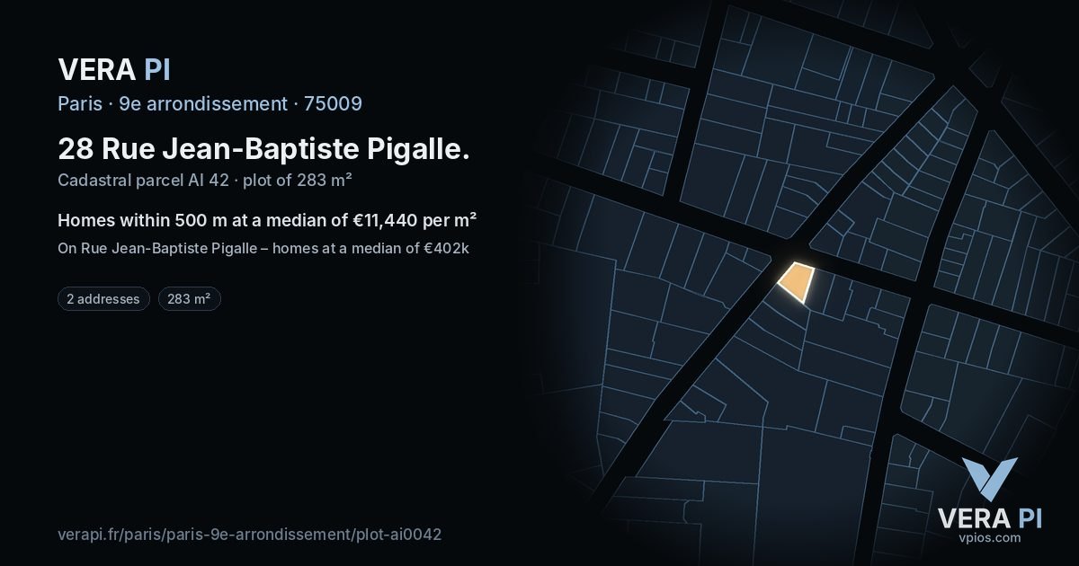 28 Rue Jean-Baptiste Pigalle, 9e arrondissement at night – the plot lit, the parcels around coloured by the prices near them