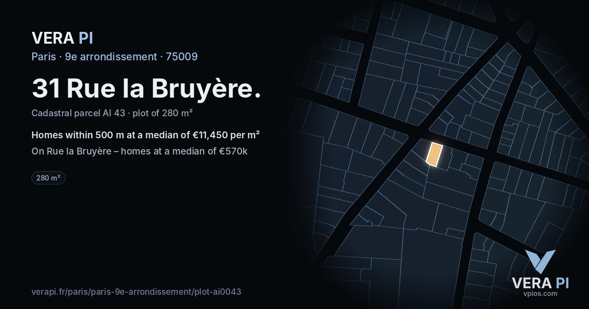 31 Rue la Bruyère, 9e arrondissement at night – the plot lit, the parcels around coloured by the prices near them
