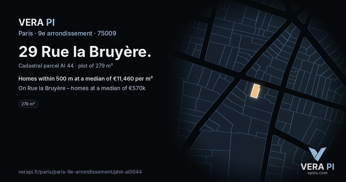 29 Rue la Bruyère, 9e arrondissement at night – the plot lit, the parcels around coloured by the prices near them