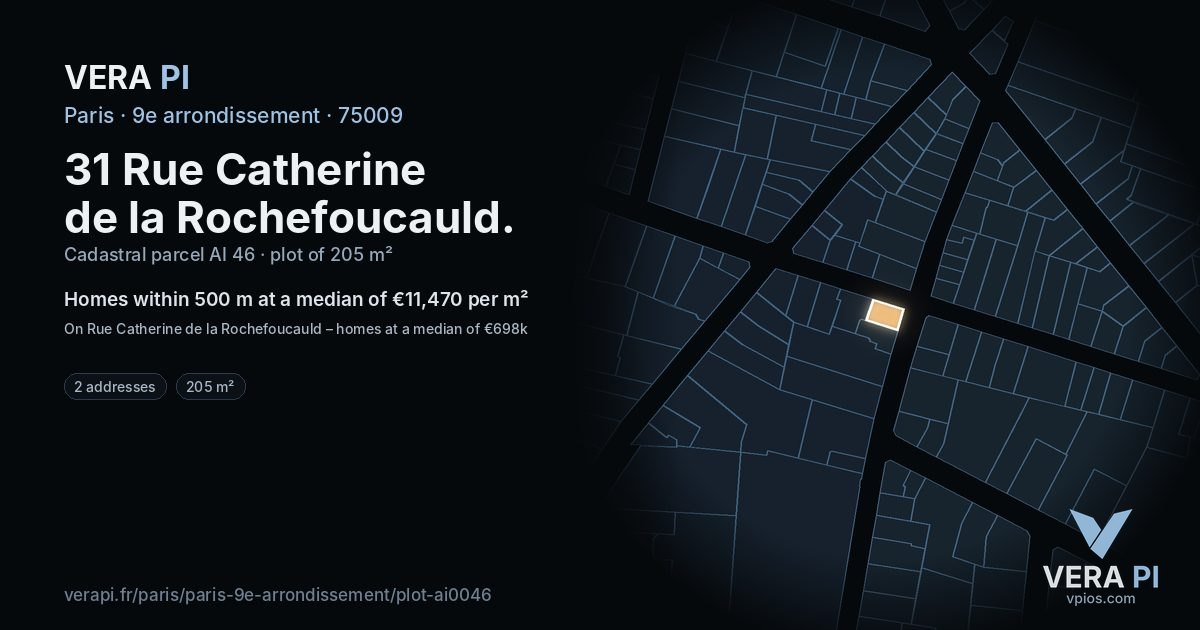 31 Rue Catherine de la Rochefoucauld, 9e arrondissement at night – the plot lit, the parcels around coloured by the prices near them