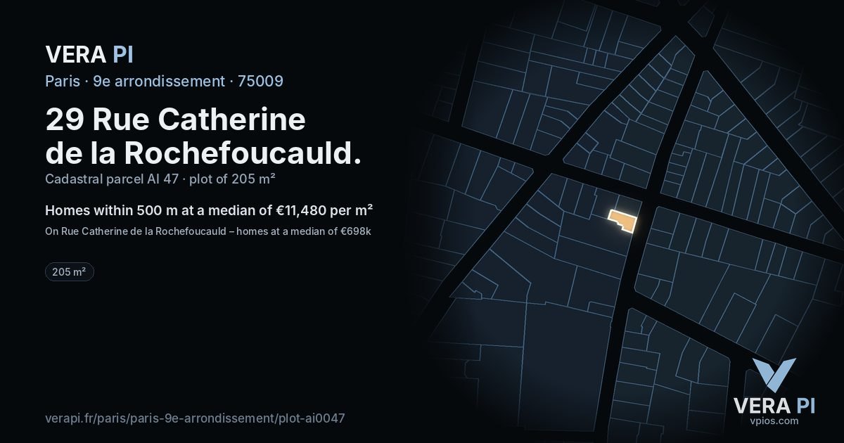 29 Rue Catherine de la Rochefoucauld, 9e arrondissement at night – the plot lit, the parcels around coloured by the prices near them