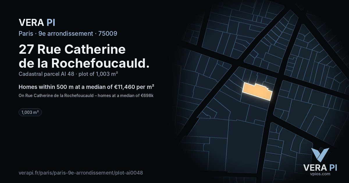 27 Rue Catherine de la Rochefoucauld, 9e arrondissement at night – the plot lit, the parcels around coloured by the prices near them
