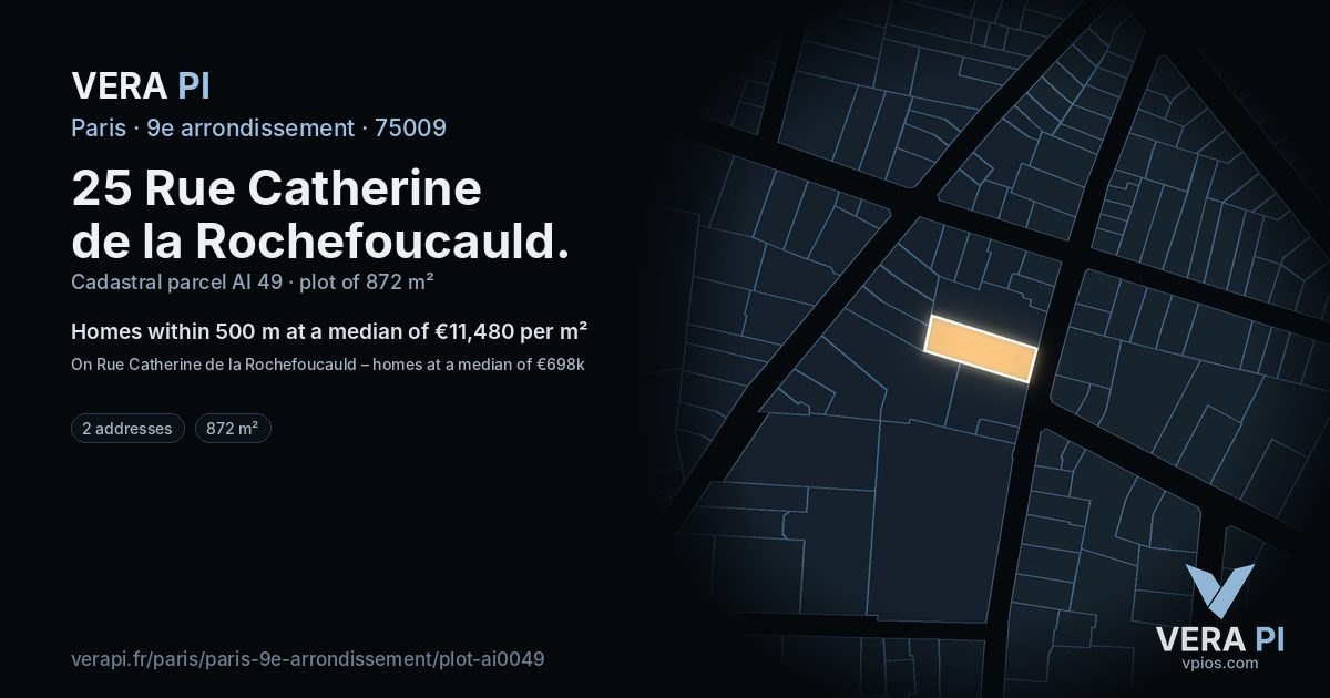 25 Rue Catherine de la Rochefoucauld, 9e arrondissement at night – the plot lit, the parcels around coloured by the prices near them