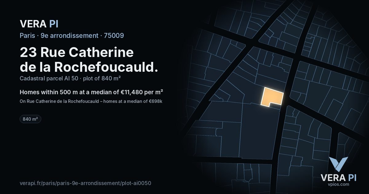 23 Rue Catherine de la Rochefoucauld, 9e arrondissement at night – the plot lit, the parcels around coloured by the prices near them