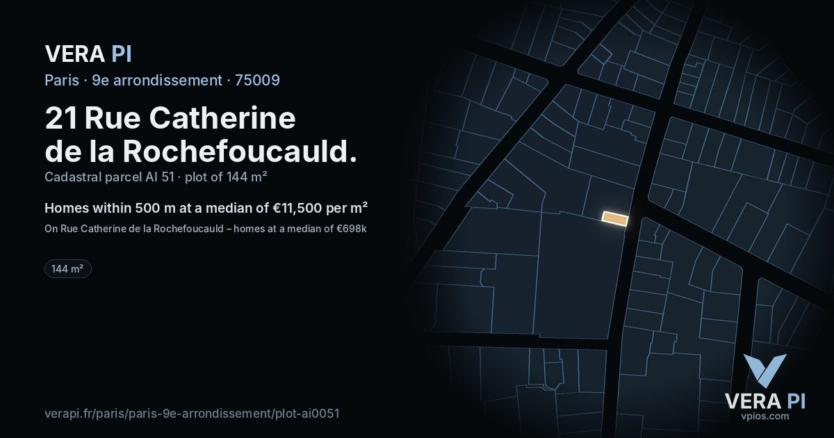 21 Rue Catherine de la Rochefoucauld, 9e arrondissement at night – the plot lit, the parcels around coloured by the prices near them