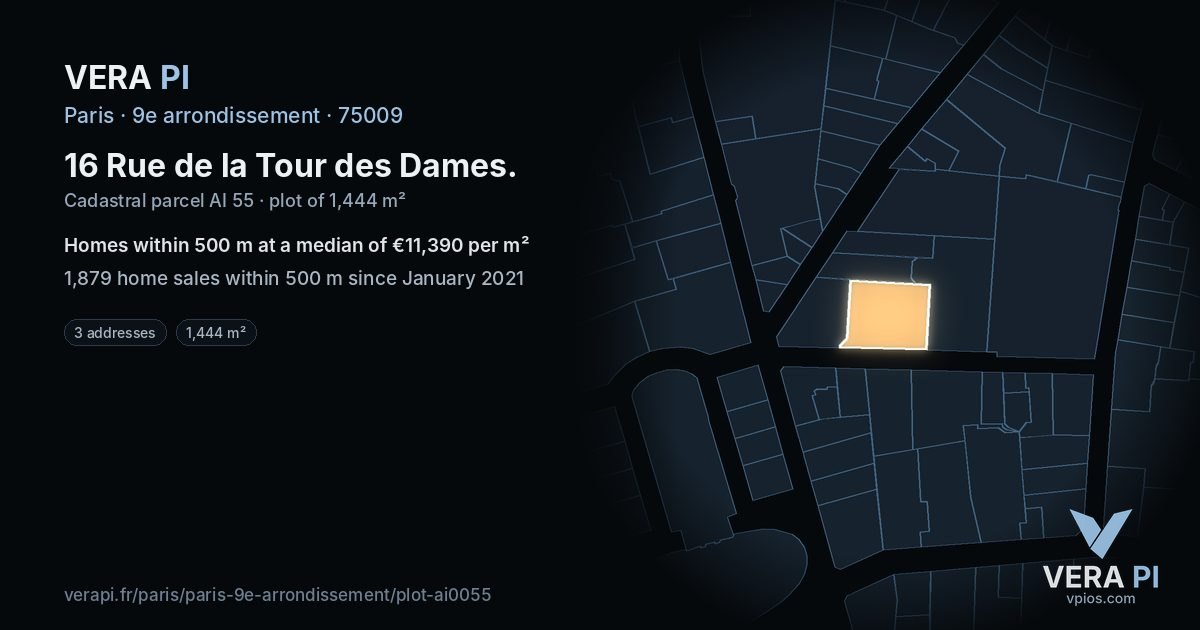 16 Rue de la Tour des Dames, 9e arrondissement at night – the plot lit, the parcels around coloured by the prices near them