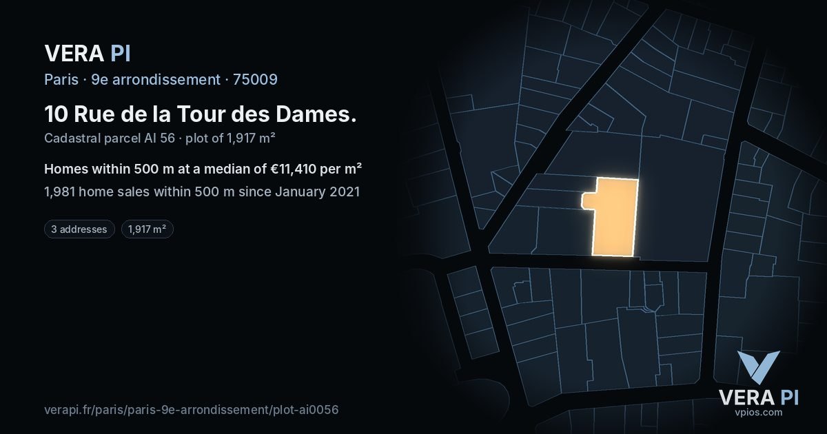 10 Rue de la Tour des Dames, 9e arrondissement at night – the plot lit, the parcels around coloured by the prices near them