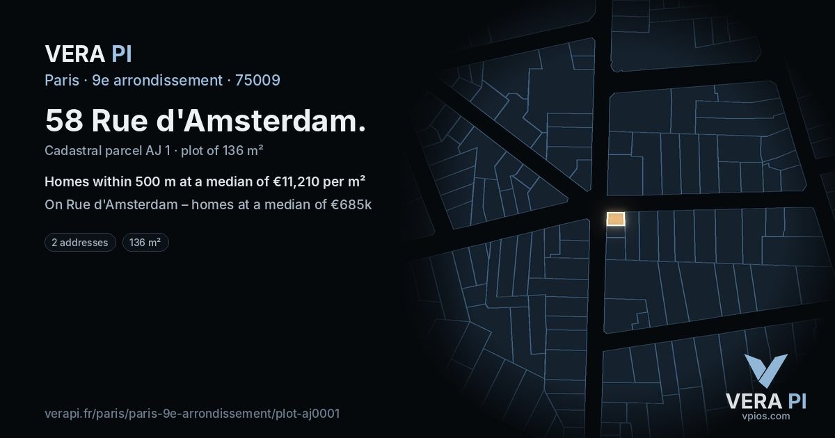 58 Rue d'Amsterdam, 9e arrondissement at night – the plot lit, the parcels around coloured by the prices near them