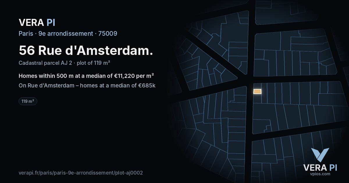56 Rue d'Amsterdam, 9e arrondissement at night – the plot lit, the parcels around coloured by the prices near them