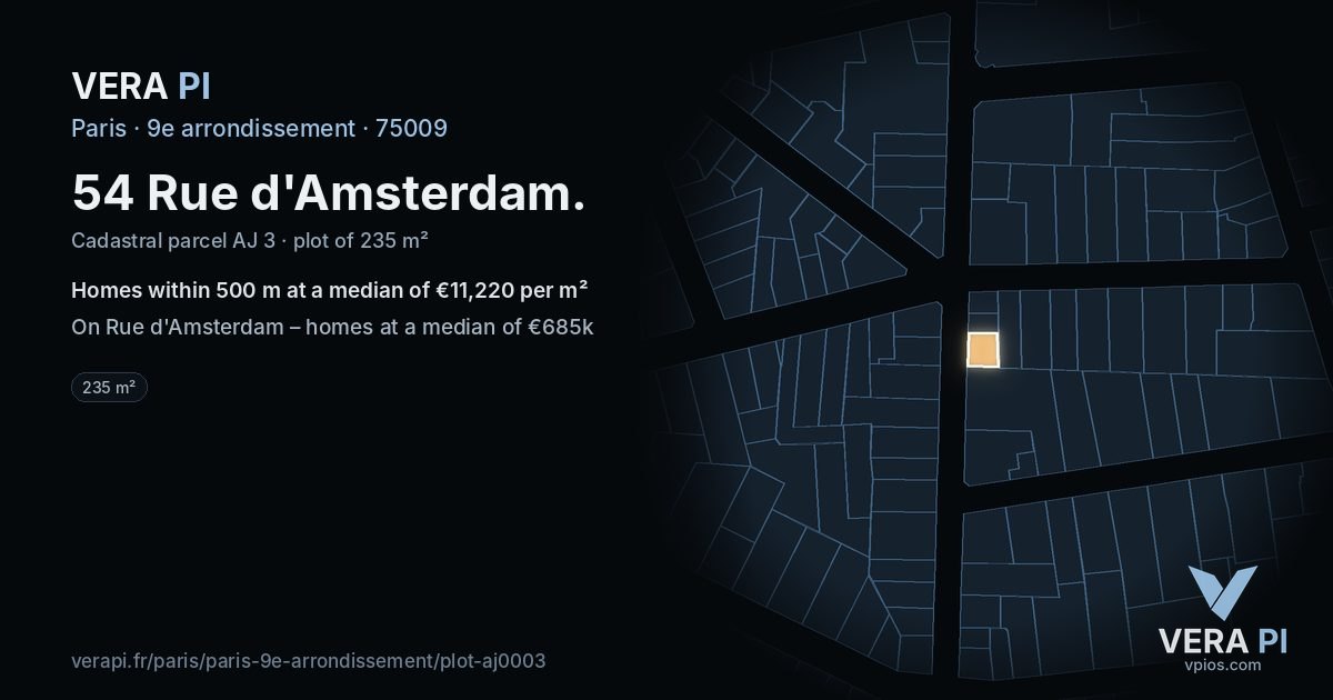 54 Rue d'Amsterdam, 9e arrondissement at night – the plot lit, the parcels around coloured by the prices near them