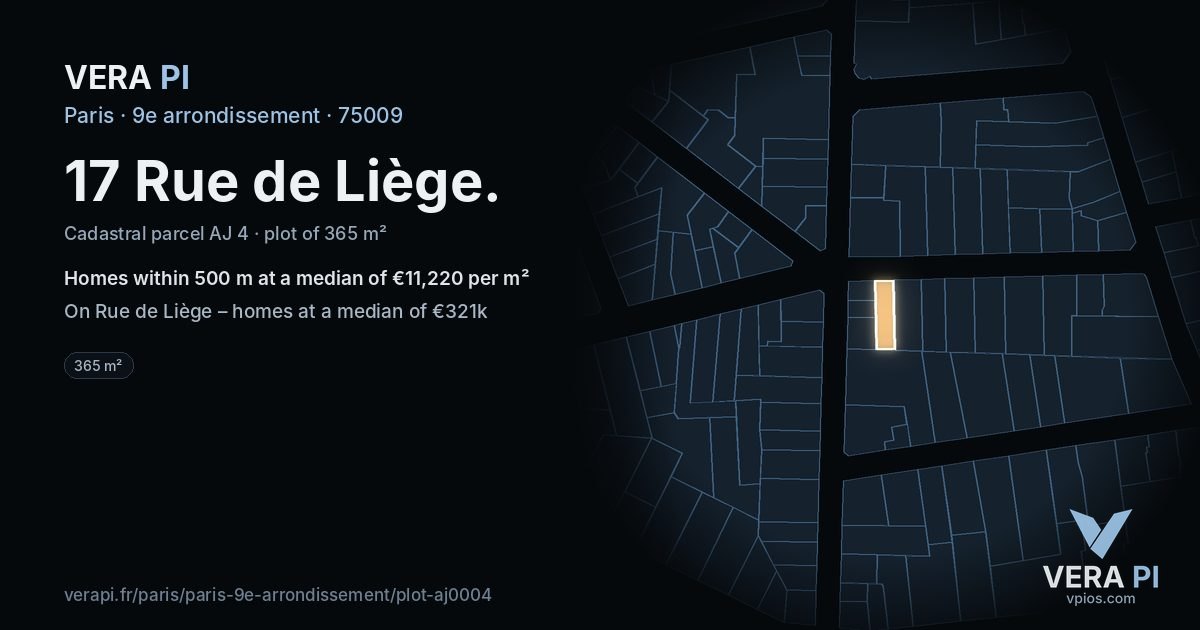17 Rue de Liège, 9e arrondissement at night – the plot lit, the parcels around coloured by the prices near them