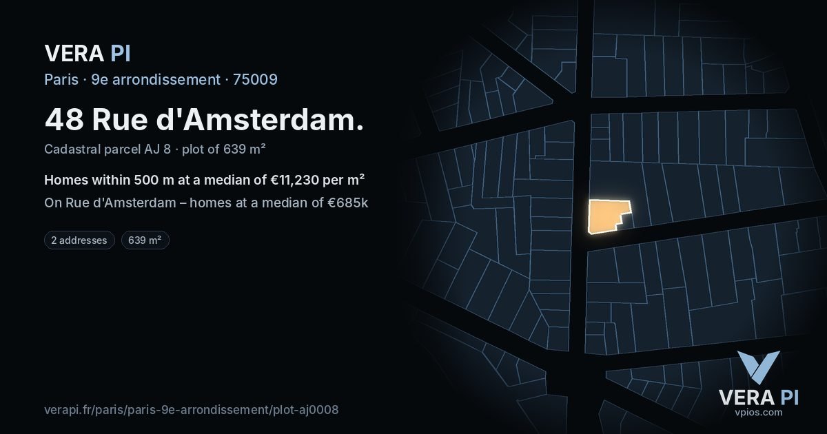 48 Rue d'Amsterdam, 9e arrondissement at night – the plot lit, the parcels around coloured by the prices near them