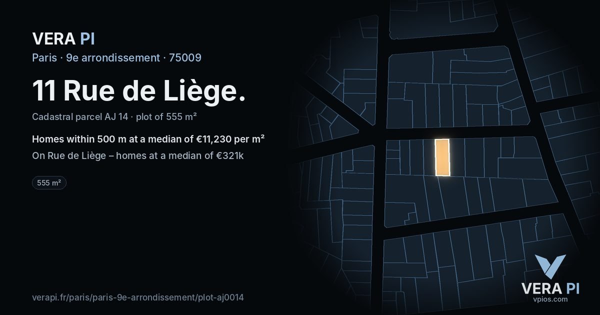 11 Rue de Liège, 9e arrondissement at night – the plot lit, the parcels around coloured by the prices near them
