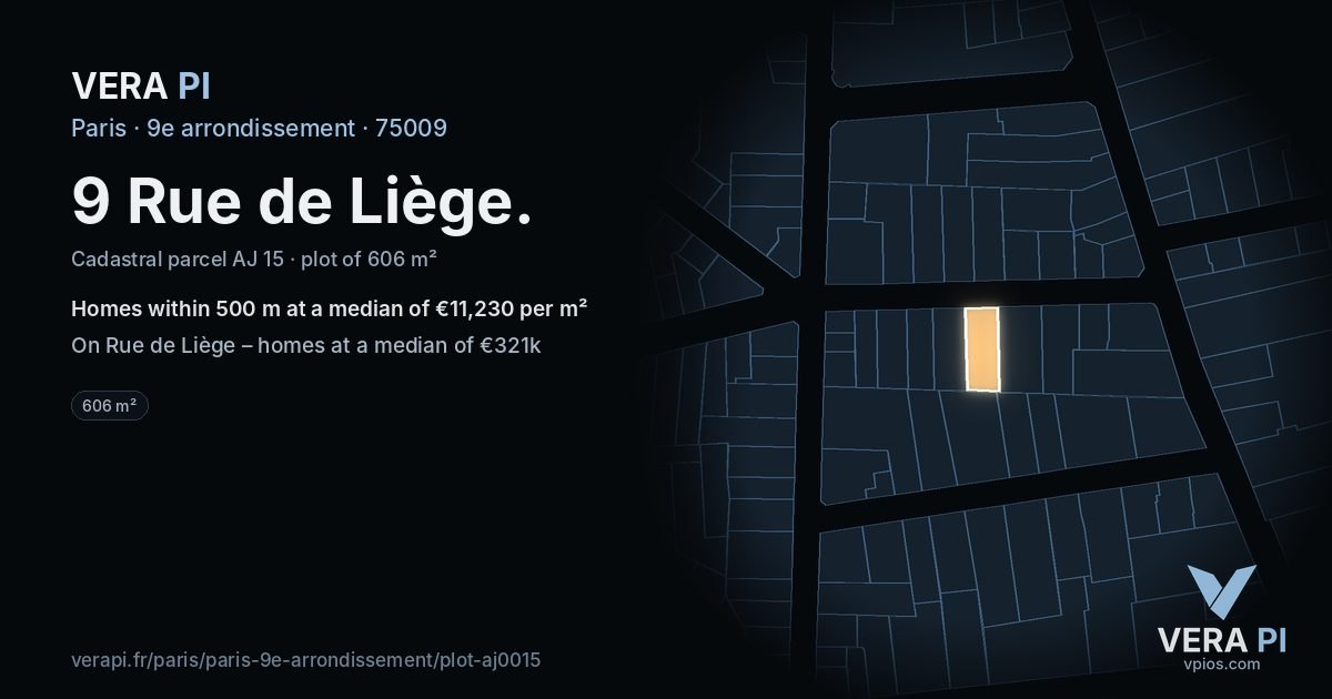 9 Rue de Liège, 9e arrondissement at night – the plot lit, the parcels around coloured by the prices near them