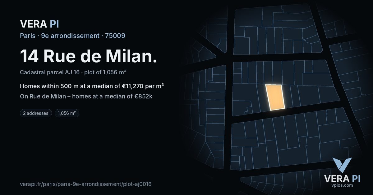 14 Rue de Milan, 9e arrondissement at night – the plot lit, the parcels around coloured by the prices near them