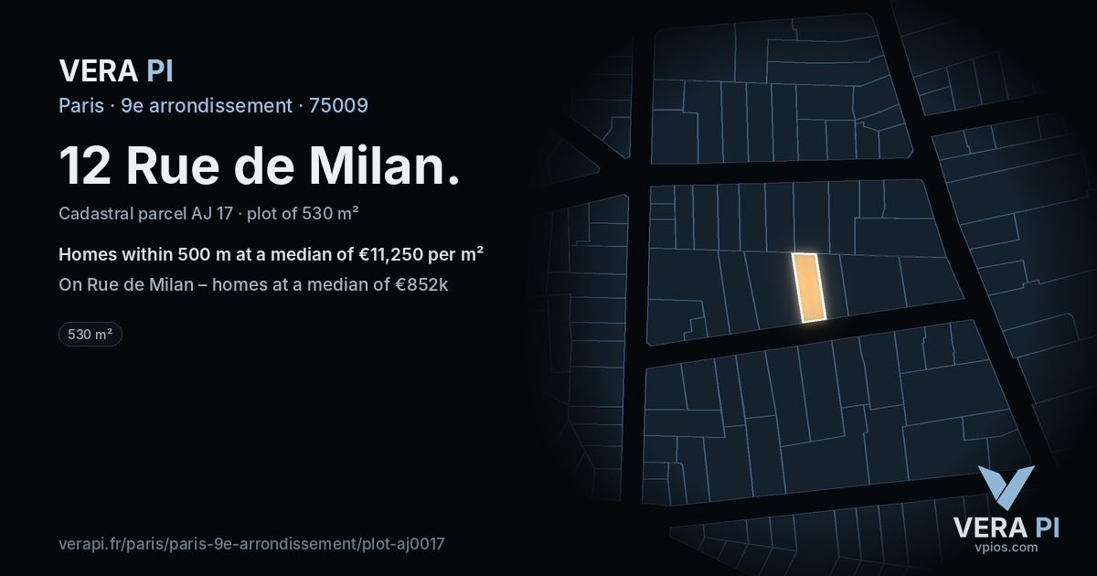 12 Rue de Milan, 9e arrondissement at night – the plot lit, the parcels around coloured by the prices near them