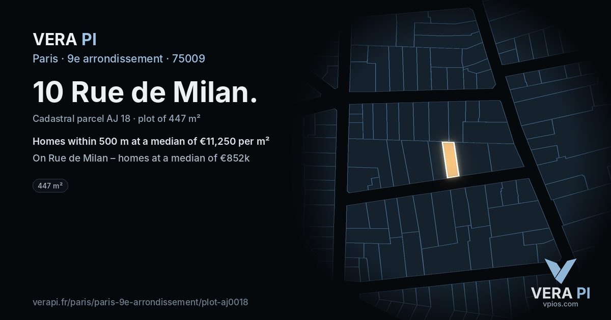 10 Rue de Milan, 9e arrondissement at night – the plot lit, the parcels around coloured by the prices near them