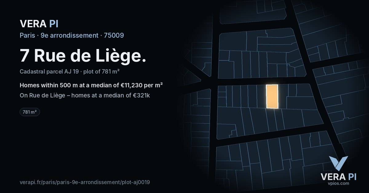 7 Rue de Liège, 9e arrondissement at night – the plot lit, the parcels around coloured by the prices near them