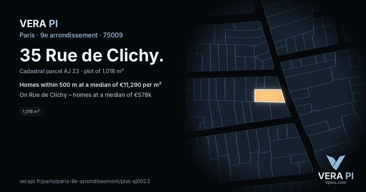 35 Rue de Clichy, 9e arrondissement at night – the plot lit, the parcels around coloured by the prices near them