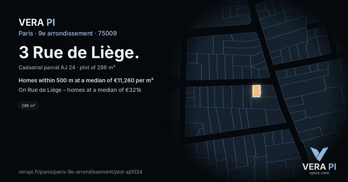 3 Rue de Liège, 9e arrondissement at night – the plot lit, the parcels around coloured by the prices near them