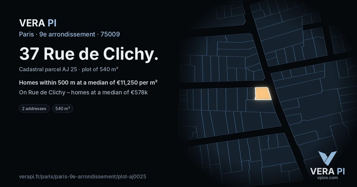 37 Rue de Clichy, 9e arrondissement at night – the plot lit, the parcels around coloured by the prices near them