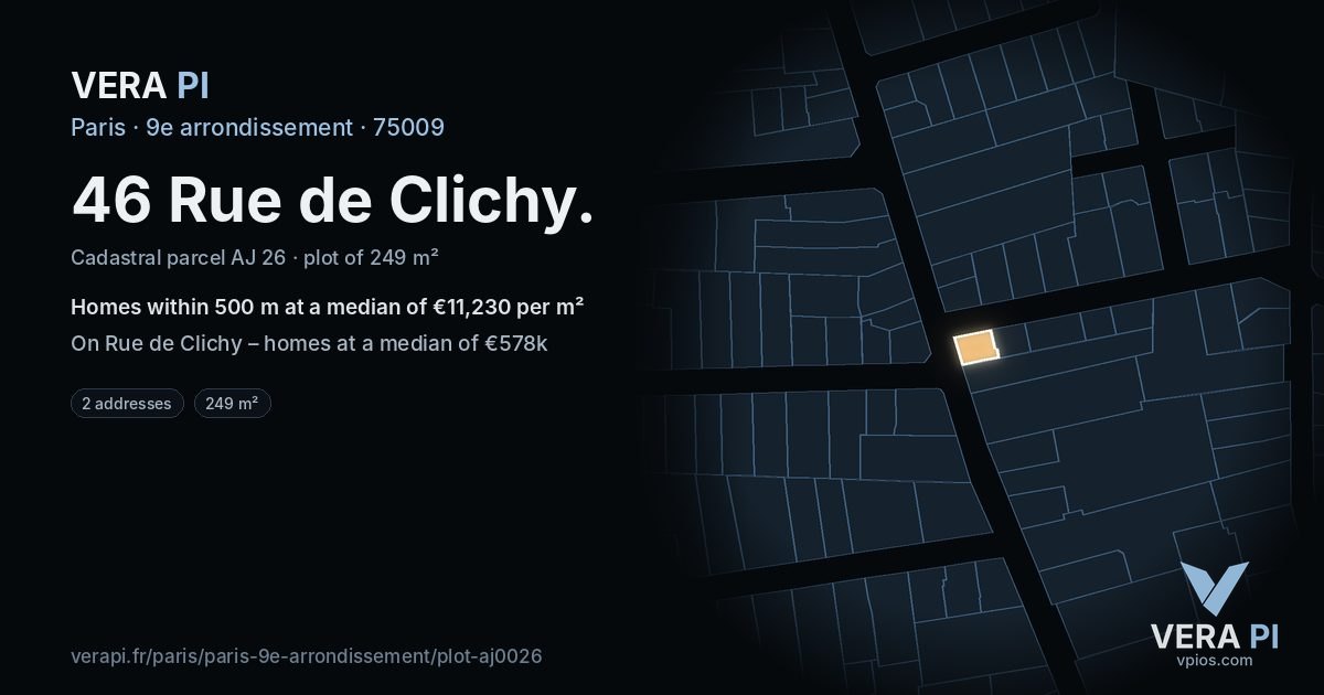 46 Rue de Clichy, 9e arrondissement at night – the plot lit, the parcels around coloured by the prices near them