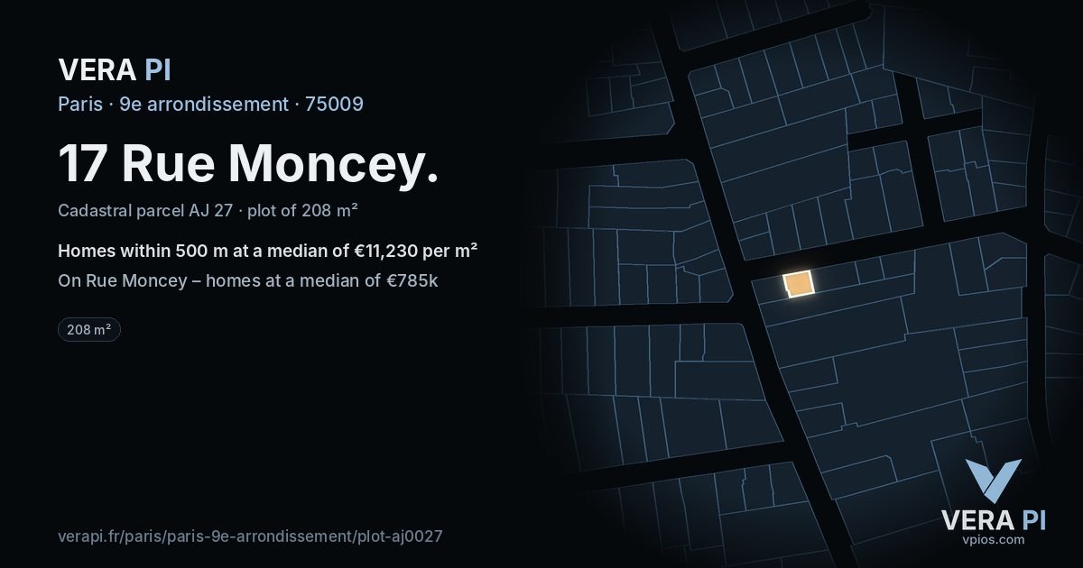 17 Rue Moncey, 9e arrondissement at night – the plot lit, the parcels around coloured by the prices near them
