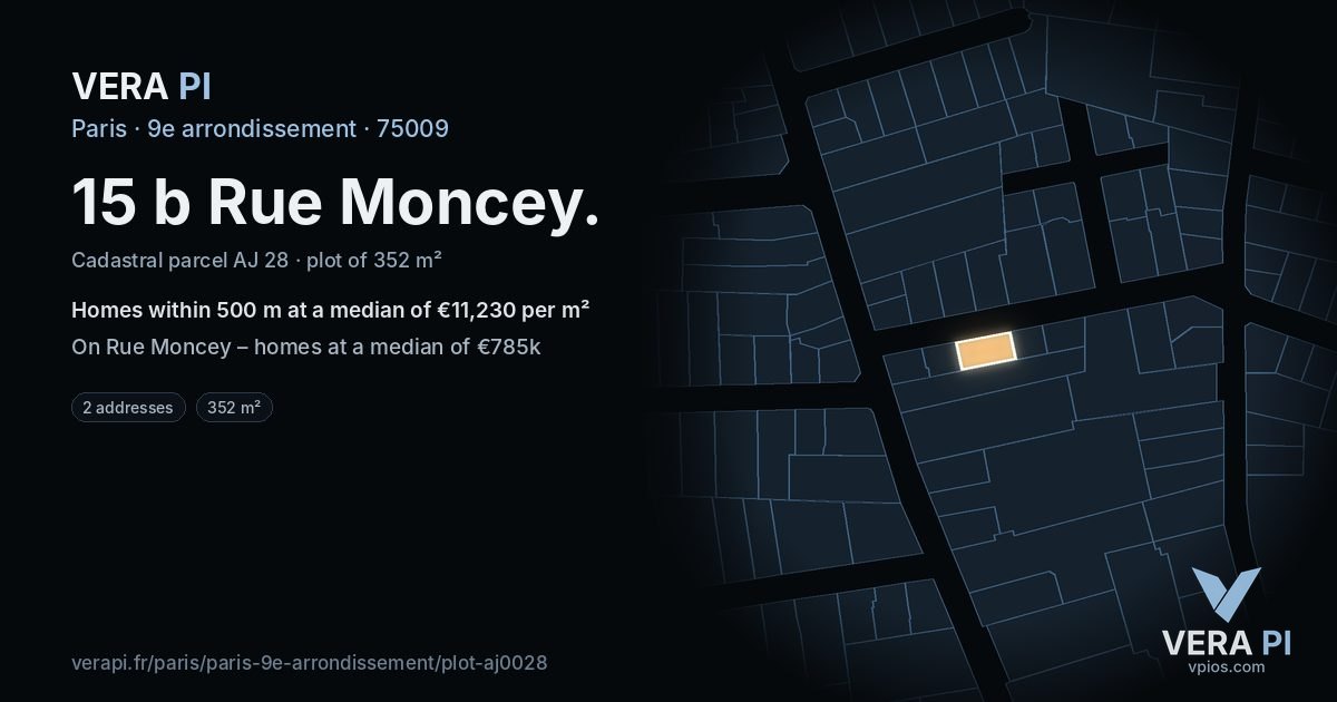 15 b Rue Moncey, 9e arrondissement at night – the plot lit, the parcels around coloured by the prices near them