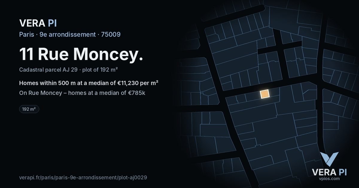 11 Rue Moncey, 9e arrondissement at night – the plot lit, the parcels around coloured by the prices near them