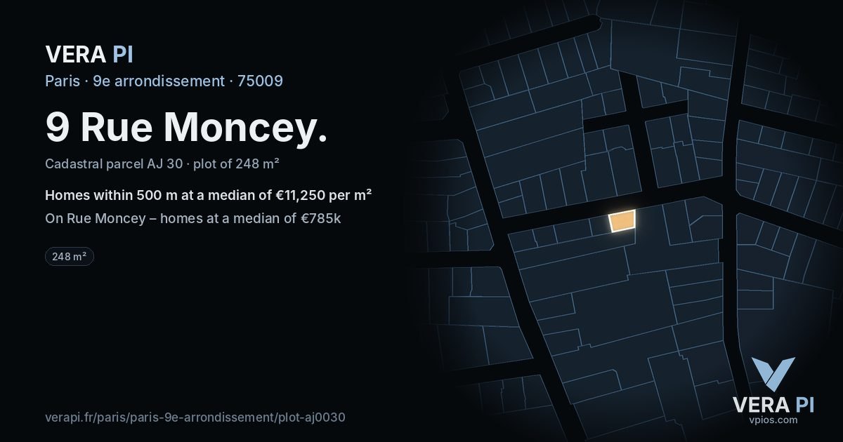 9 Rue Moncey, 9e arrondissement at night – the plot lit, the parcels around coloured by the prices near them