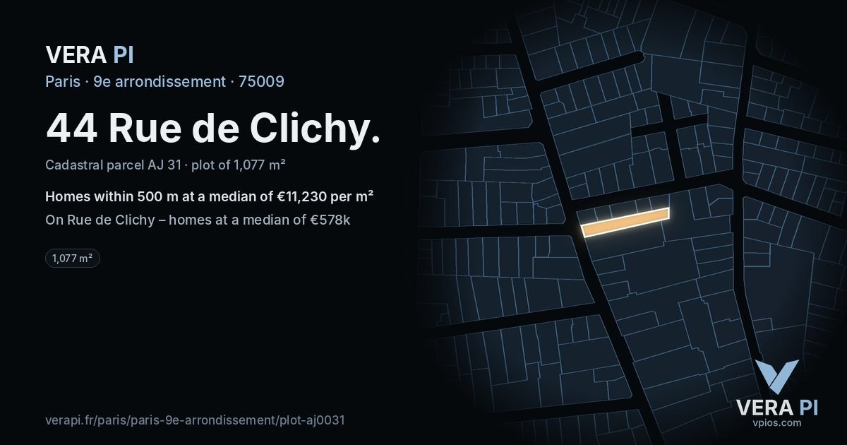 44 Rue de Clichy, 9e arrondissement at night – the plot lit, the parcels around coloured by the prices near them