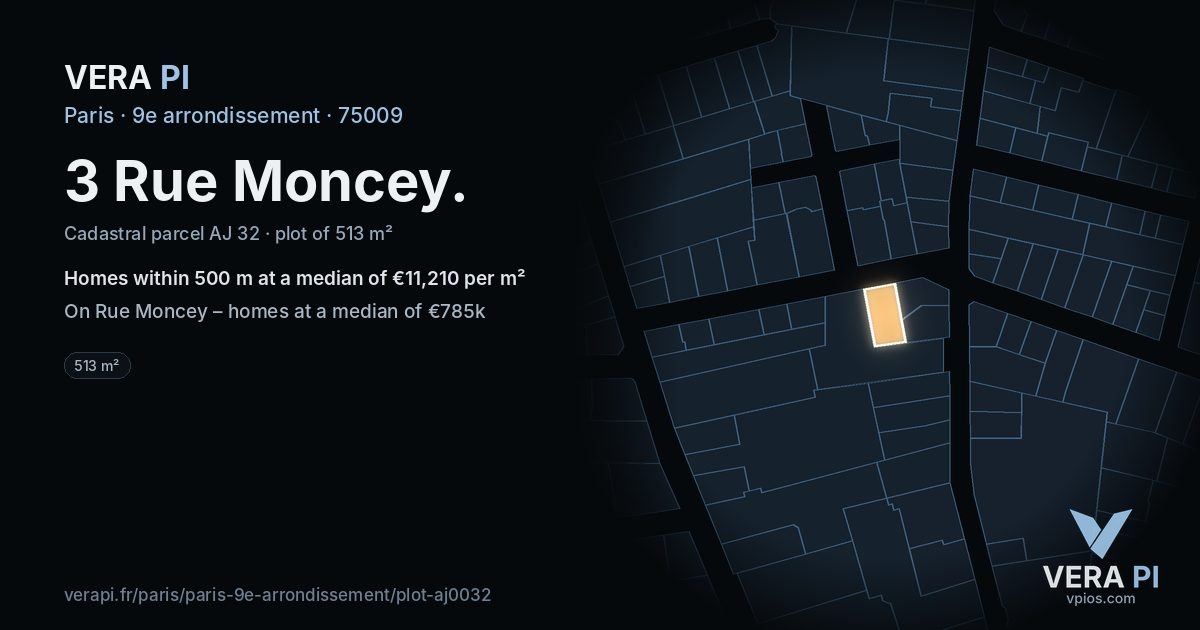 3 Rue Moncey, 9e arrondissement at night – the plot lit, the parcels around coloured by the prices near them