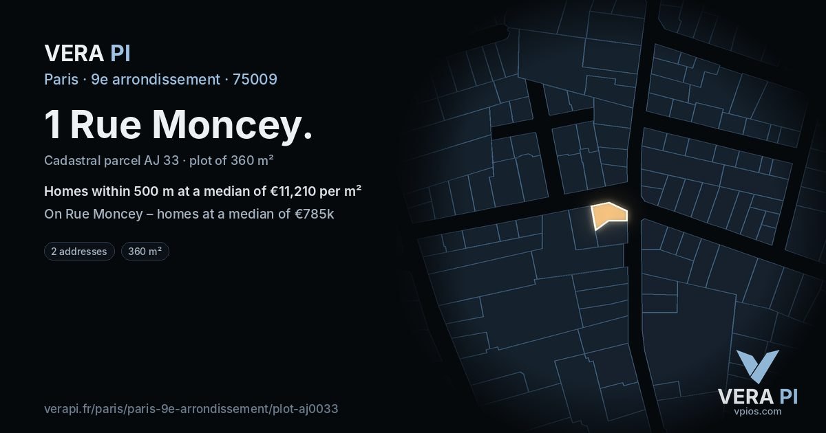 1 Rue Moncey, 9e arrondissement at night – the plot lit, the parcels around coloured by the prices near them