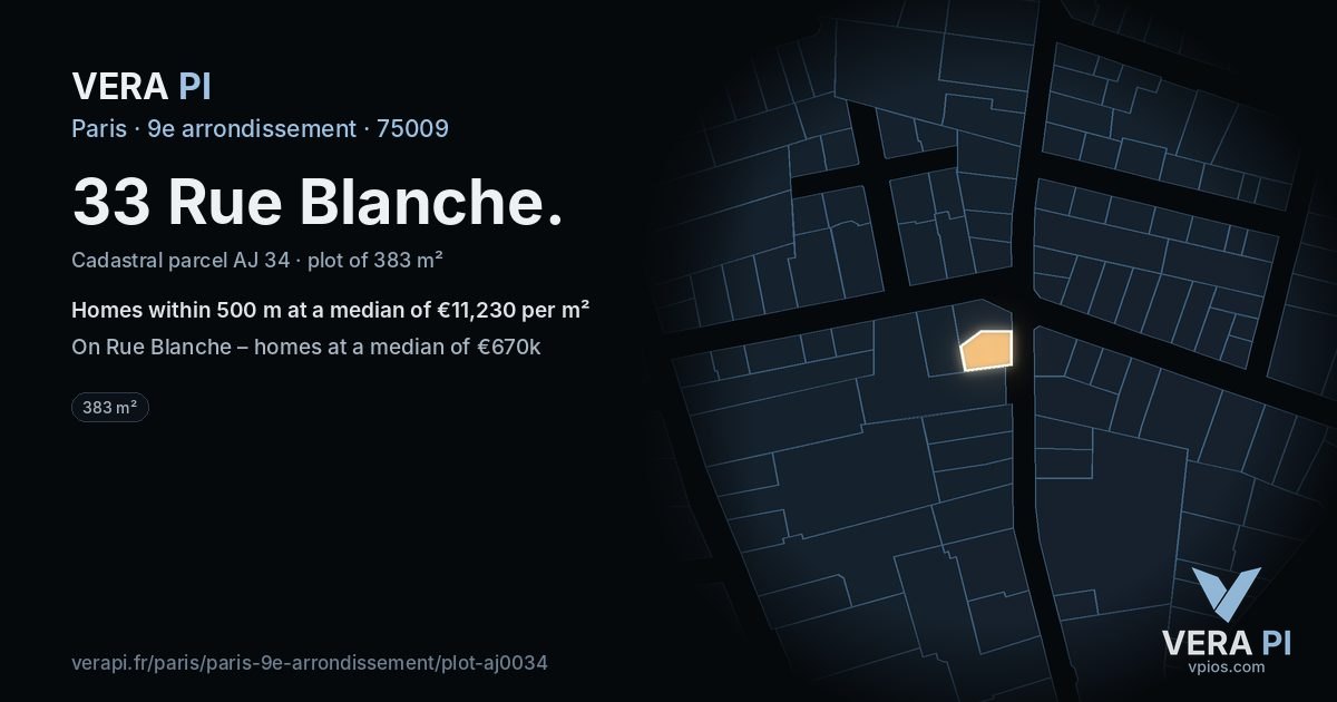 33 Rue Blanche, 9e arrondissement at night – the plot lit, the parcels around coloured by the prices near them