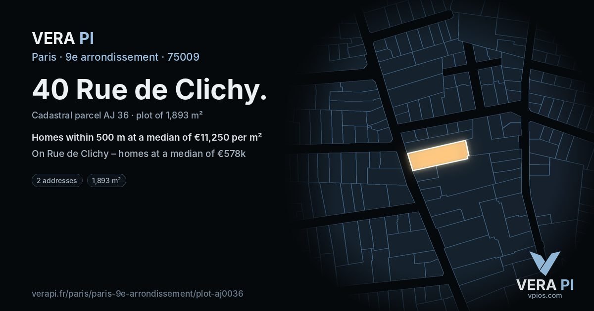 40 Rue de Clichy, 9e arrondissement at night – the plot lit, the parcels around coloured by the prices near them