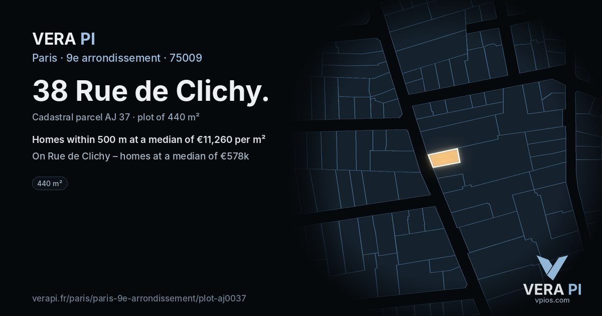 38 Rue de Clichy, 9e arrondissement at night – the plot lit, the parcels around coloured by the prices near them