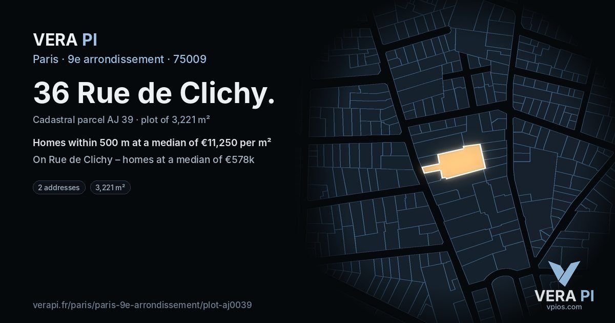36 Rue de Clichy, 9e arrondissement at night – the plot lit, the parcels around coloured by the prices near them