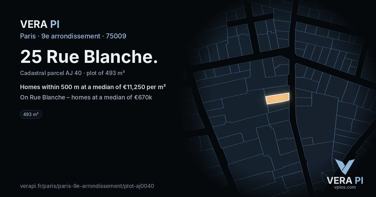25 Rue Blanche, 9e arrondissement at night – the plot lit, the parcels around coloured by the prices near them