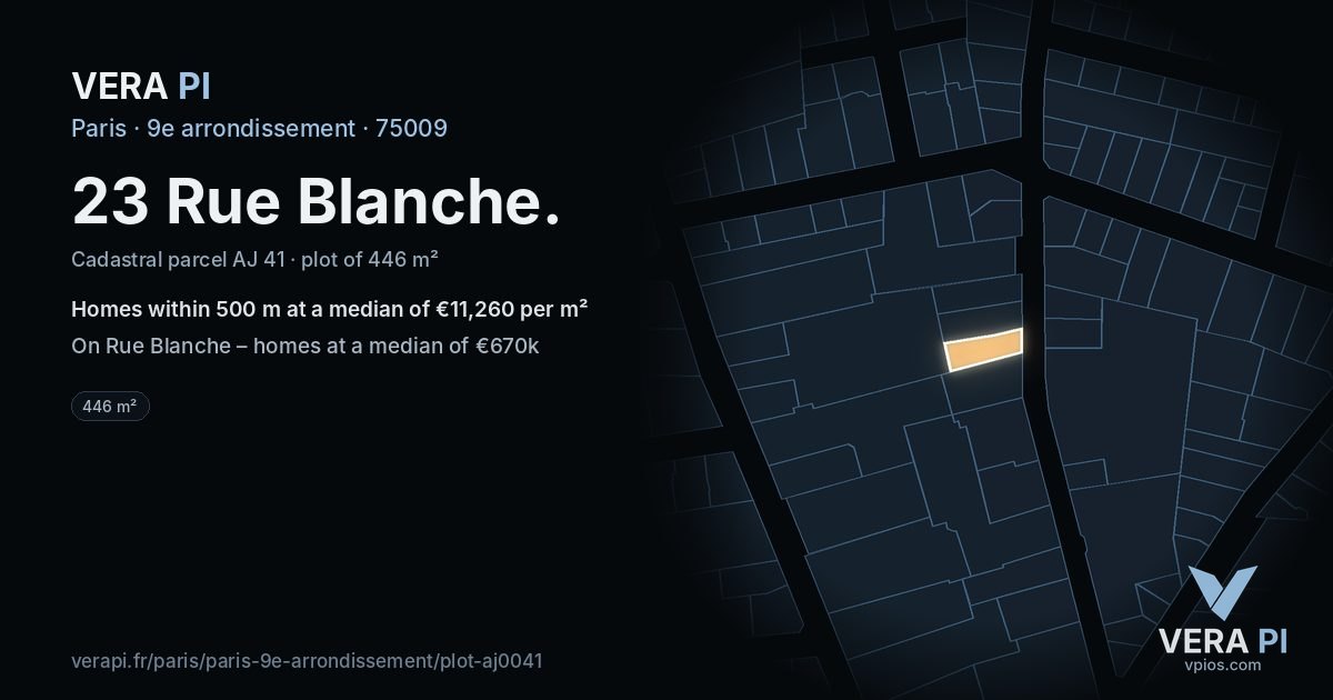 23 Rue Blanche, 9e arrondissement at night – the plot lit, the parcels around coloured by the prices near them