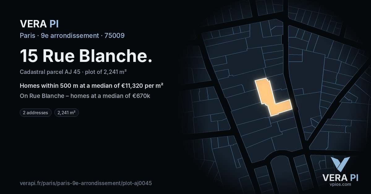 15 Rue Blanche, 9e arrondissement at night – the plot lit, the parcels around coloured by the prices near them