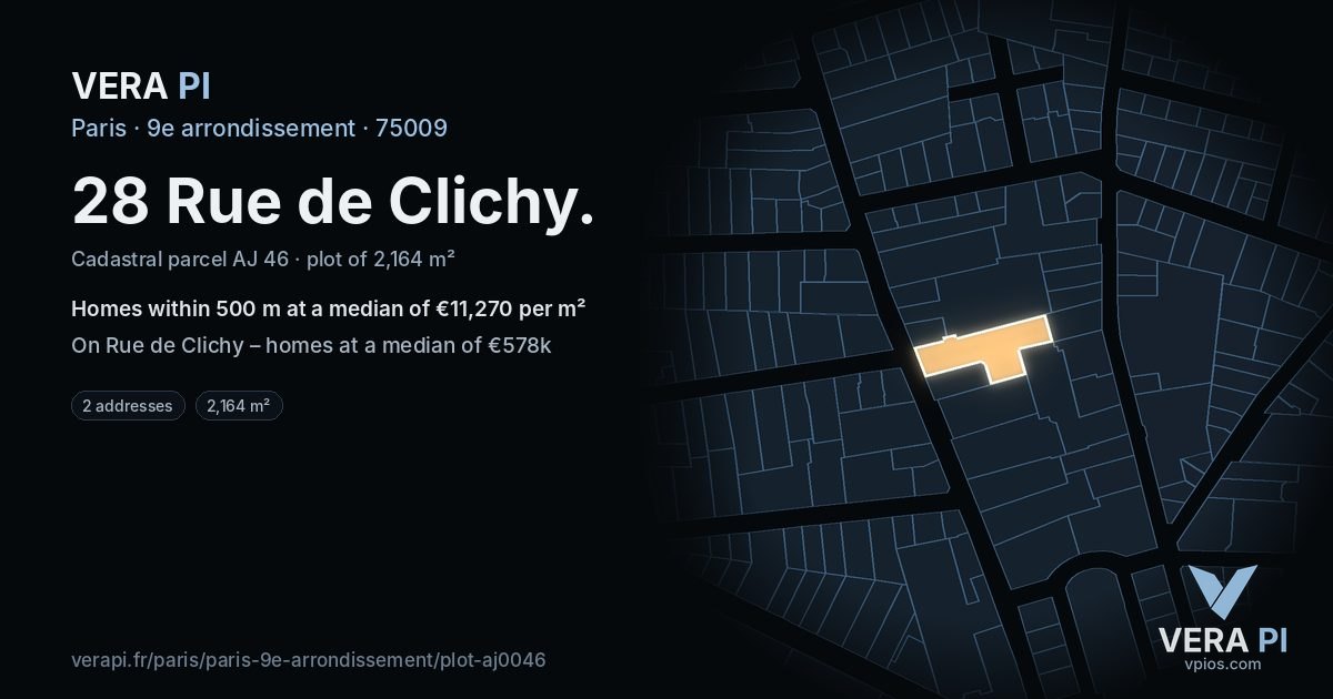 28 Rue de Clichy, 9e arrondissement at night – the plot lit, the parcels around coloured by the prices near them