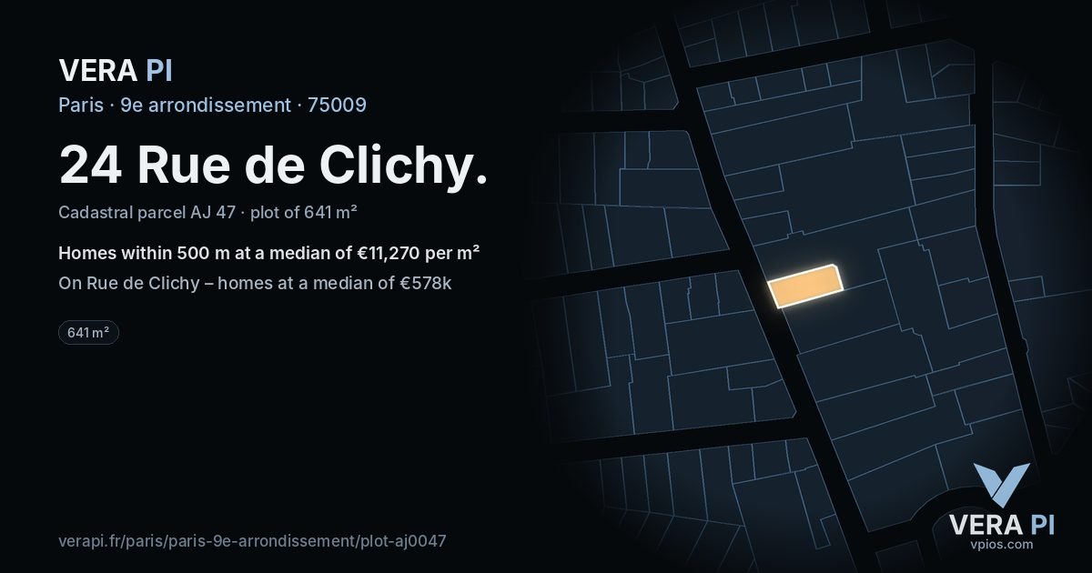 24 Rue de Clichy, 9e arrondissement at night – the plot lit, the parcels around coloured by the prices near them