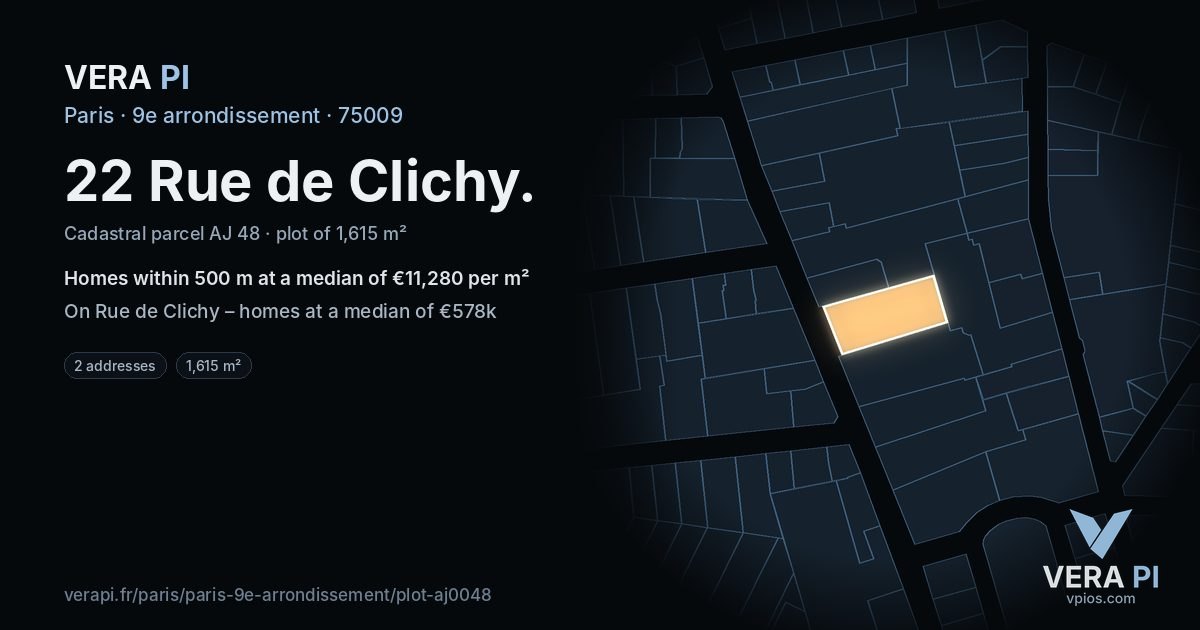 22 Rue de Clichy, 9e arrondissement at night – the plot lit, the parcels around coloured by the prices near them